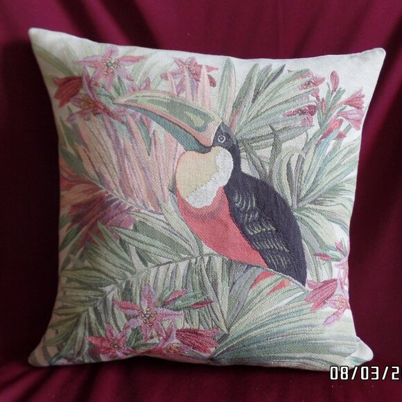 Tapestry Toucan Pillow 15x15 Luxury Down/Feathers Clean - Picture 1 of 7